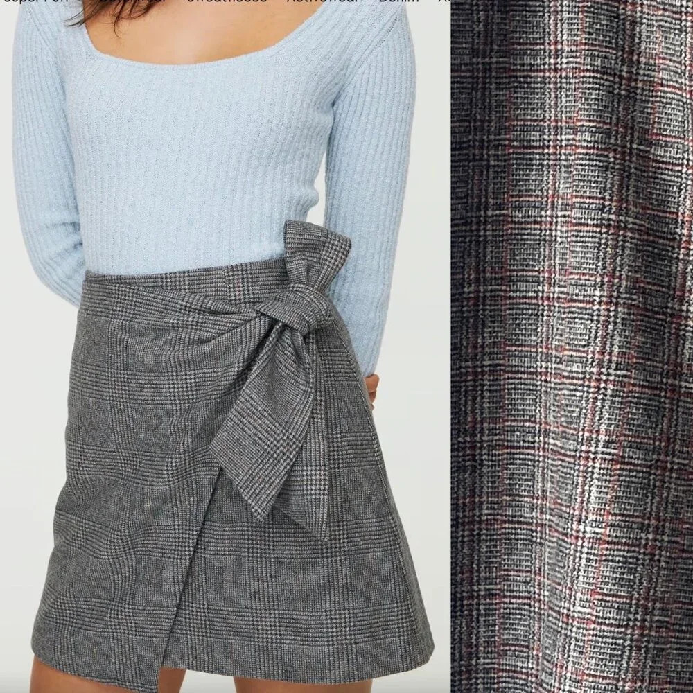 Aritzia Wilfred New Wrap Front Tie Wool Cashmere Blend Skirt Check Plaid Plaid 2
